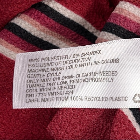 Medium Burgundy Red Striped Blouse Ruffle Accent Tie Neckline Accent Sleeveless - Picture 13 of 13